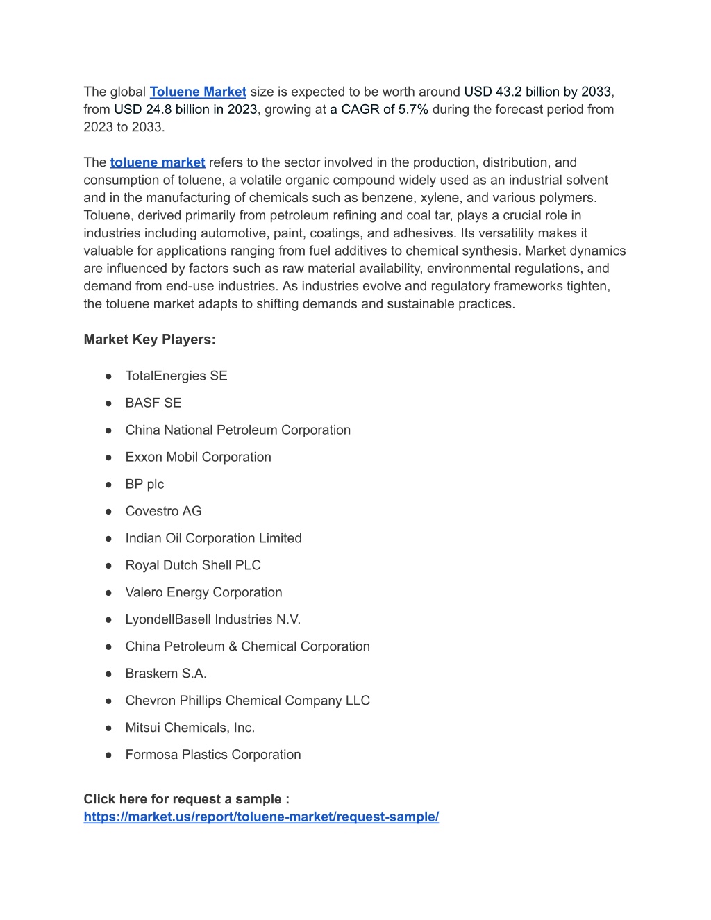 the global toluene market size is expected l.w