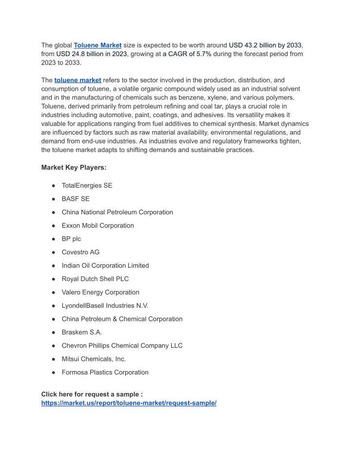 the global toluene market size is expected n.w
