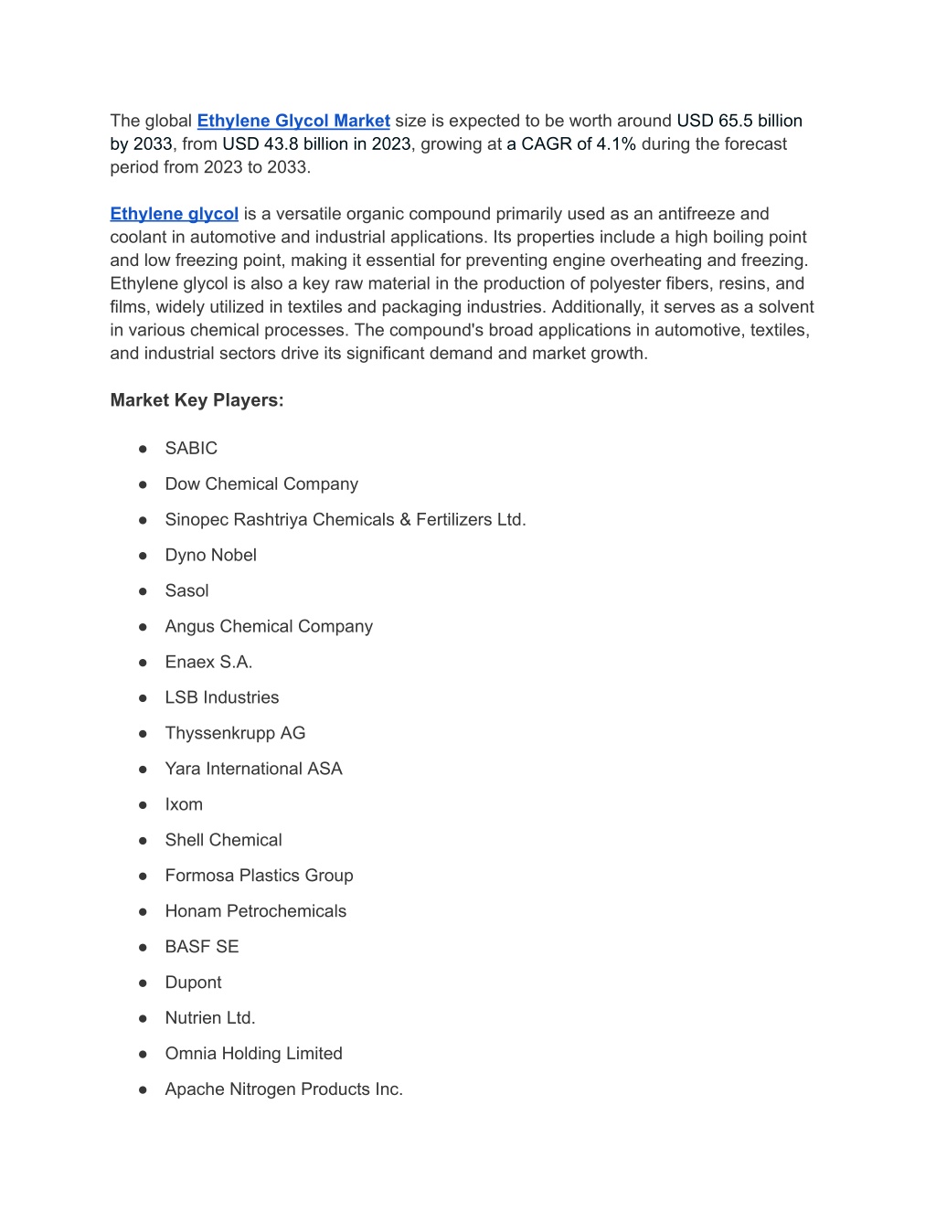 the global ethylene glycol market size l.w