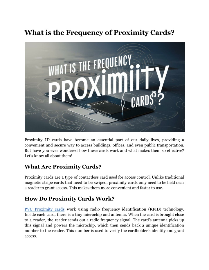 what is the frequency of proximity cards n.w