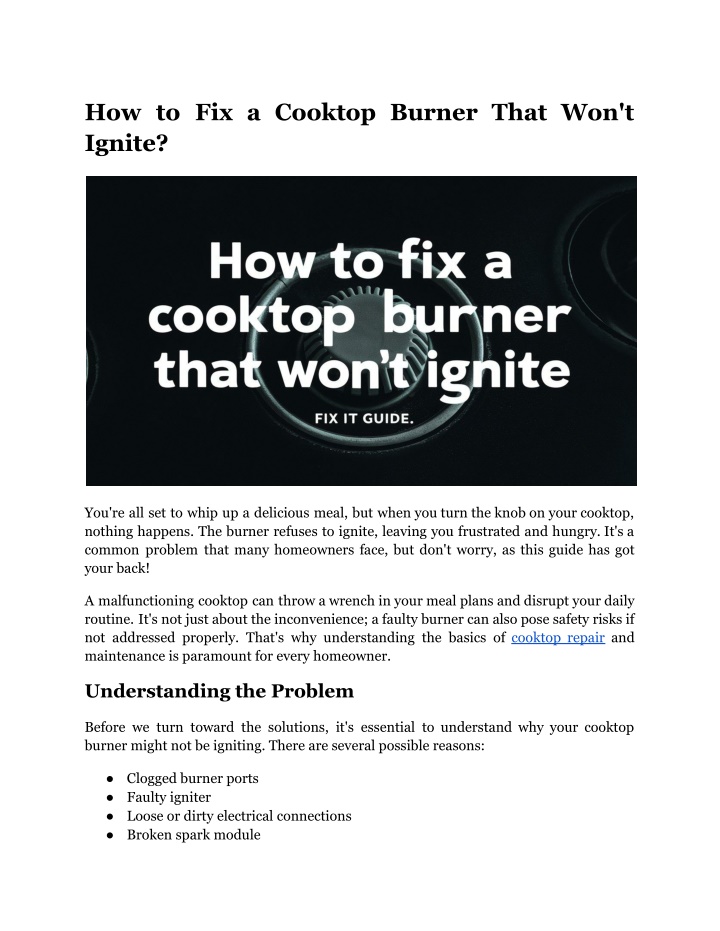 how to fix a cooktop burner that won t ignite n.w