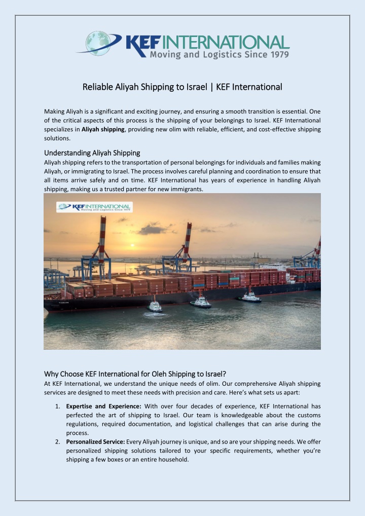 reliable aliyah shipping to israel n.w