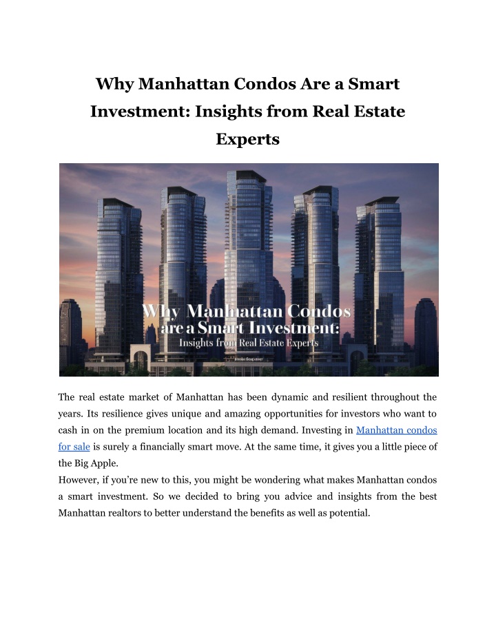 why manhattan condos are a smart n.w