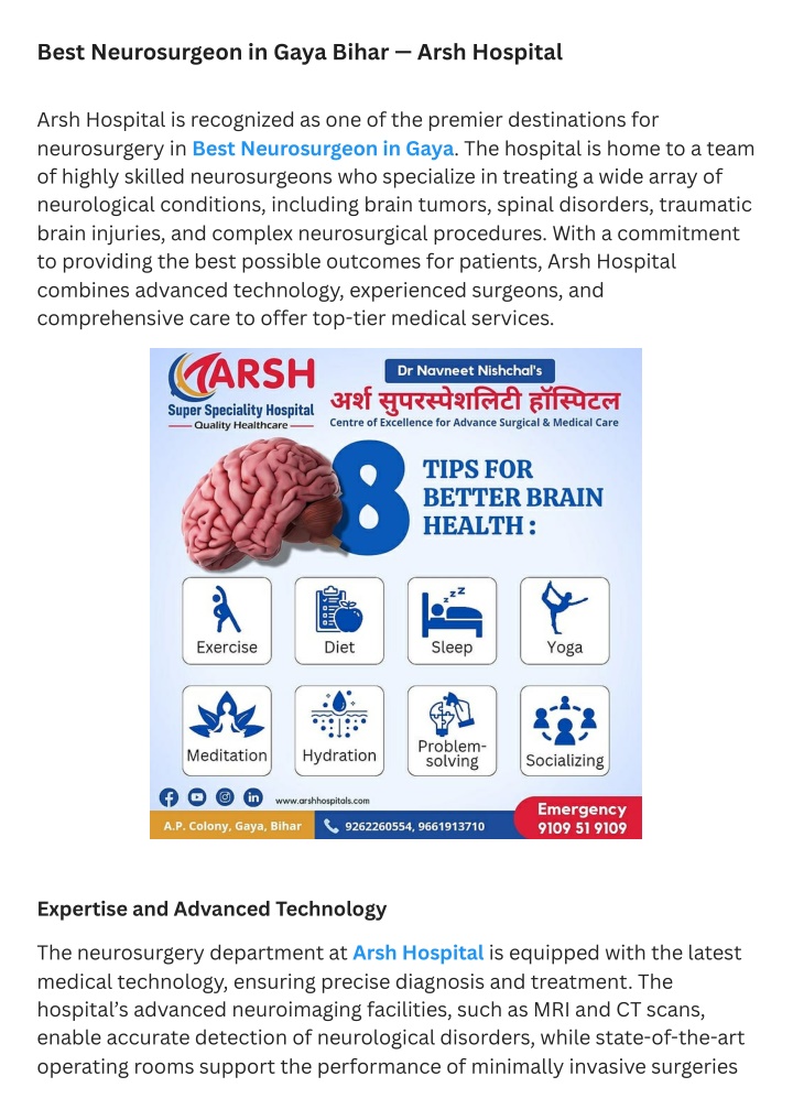 best neurosurgeon in gaya bihar arsh hospital n.w