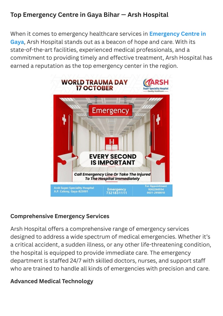 top emergency centre in gaya bihar arsh hospital n.w