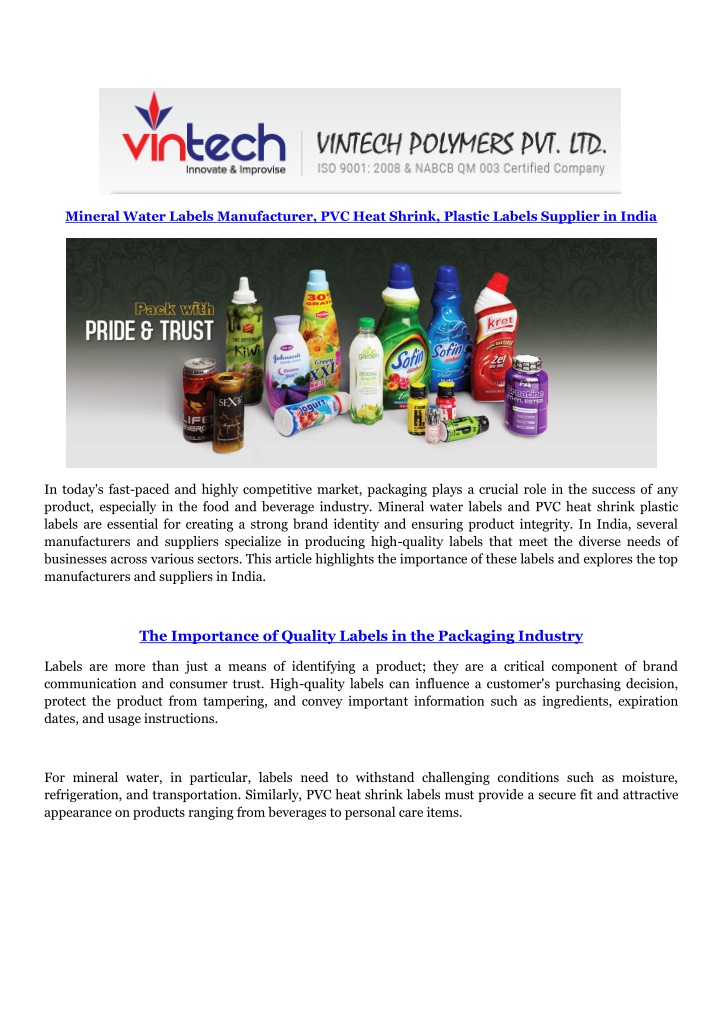 mineral water labels manufacturer pvc heat shrink n.w