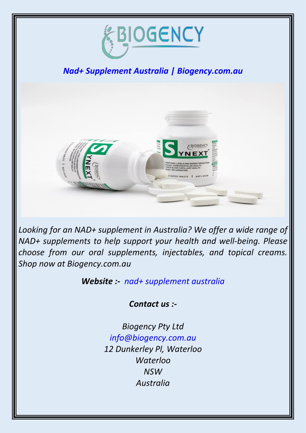 nad supplement australia biogency com au l.w