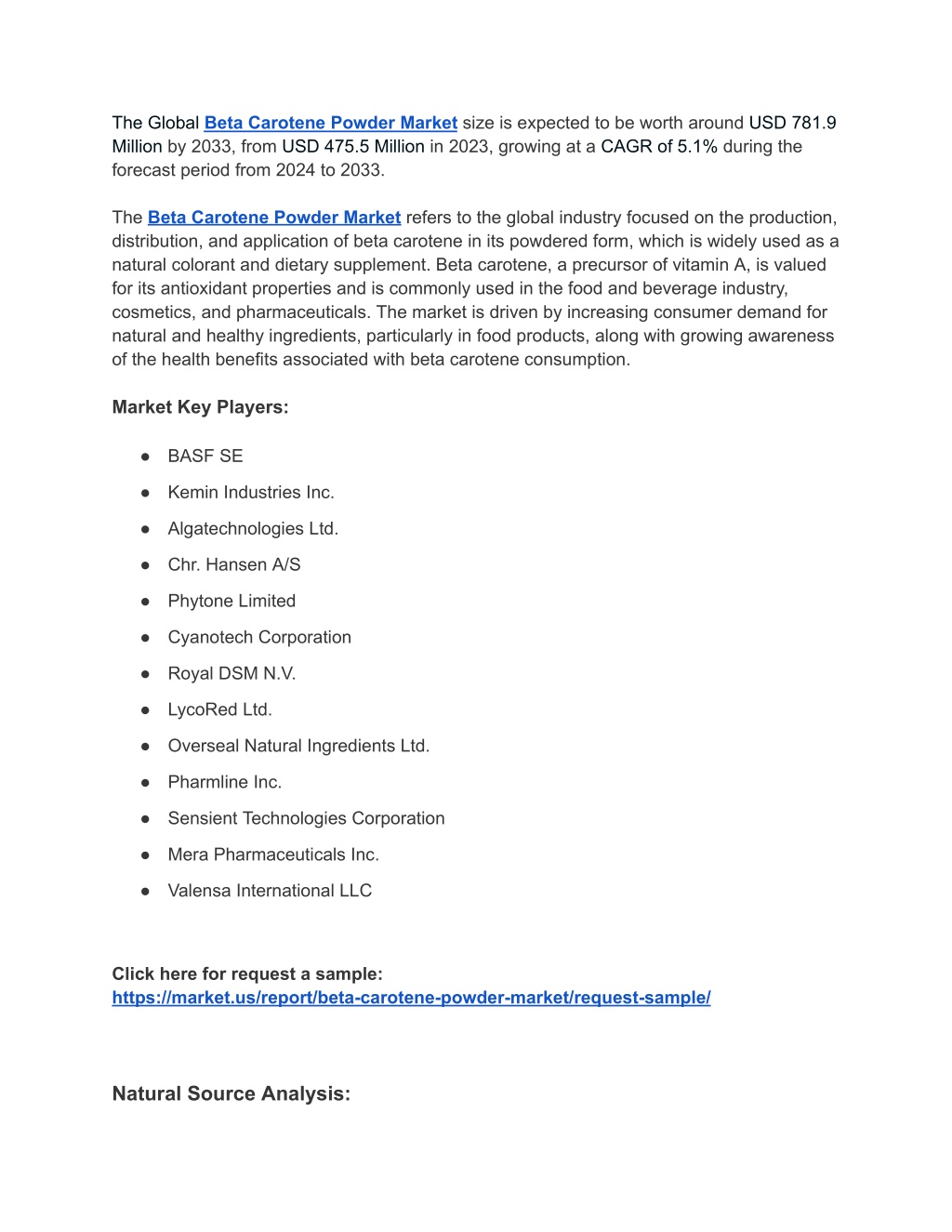 the global beta carotene powder market size l.w