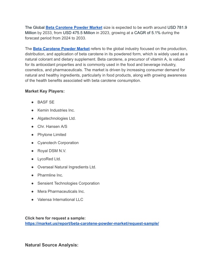 the global beta carotene powder market size n.w
