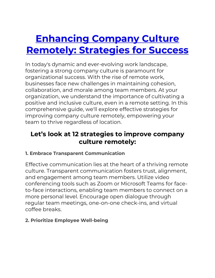 enhancing company culture remotely strategies n.w