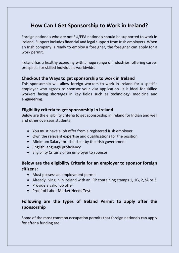 how can i get sponsorship to work in ireland n.w