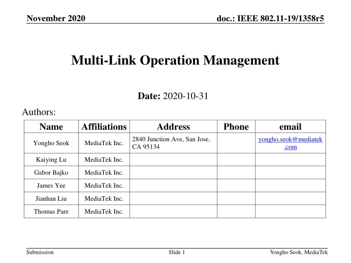 IEEE 802.11-19/1358r5 Multi-Link Operation Management Overview
