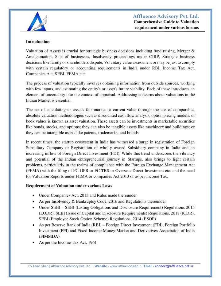 affluence advisory pvt ltd n.w