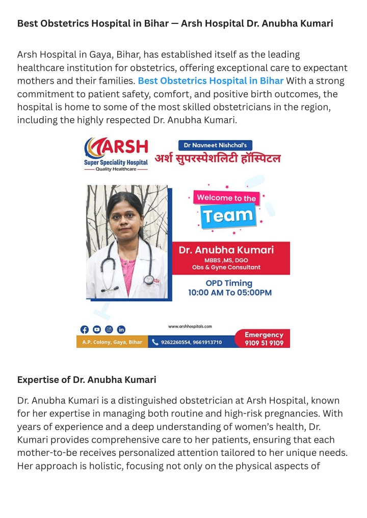 best obstetrics hospital in bihar arsh hospital n.w