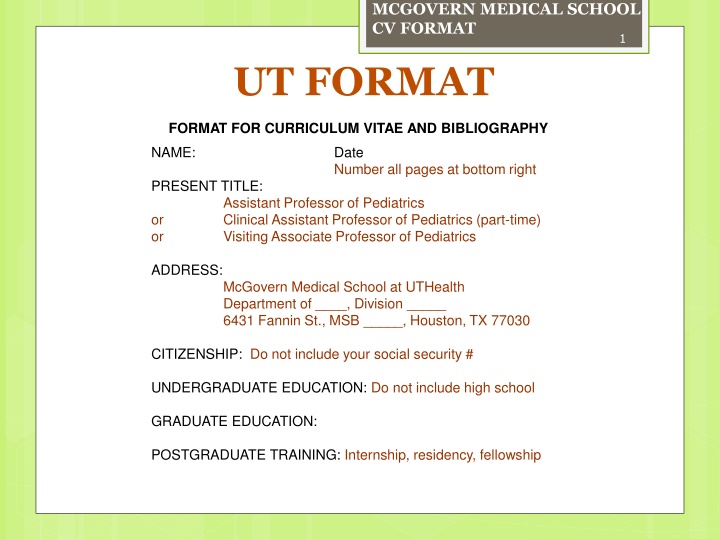 McGovern Medical School CV Format and Guidelines