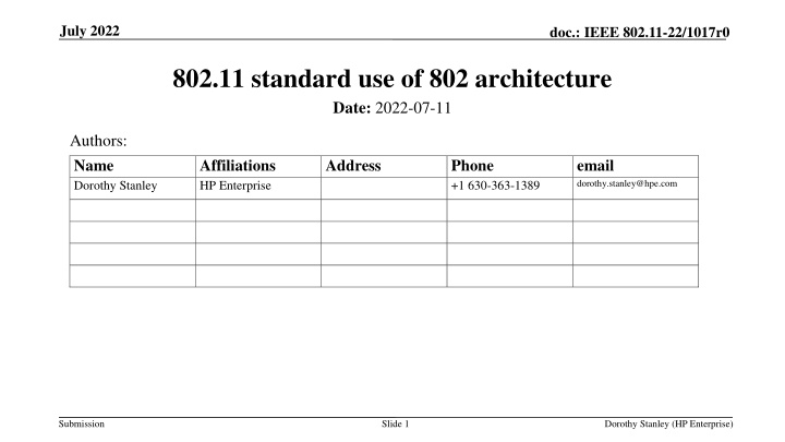 IEEE Std. 802.11-22/1017r0 Overview and Architecture Presentation