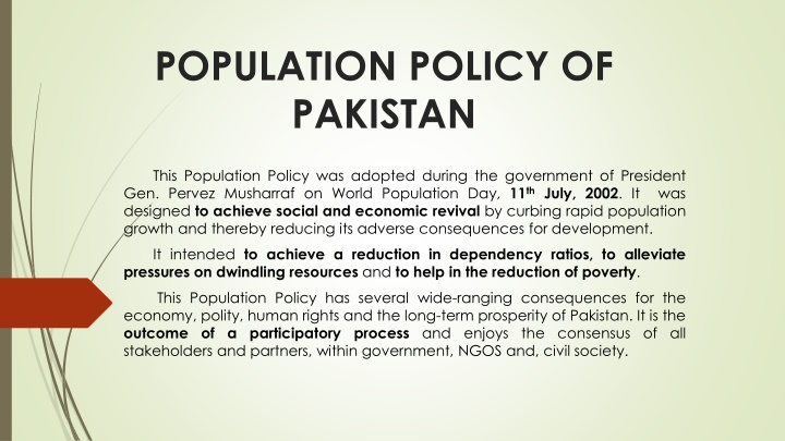 Population Policy of Pakistan: Vision, Goals, and Strategies