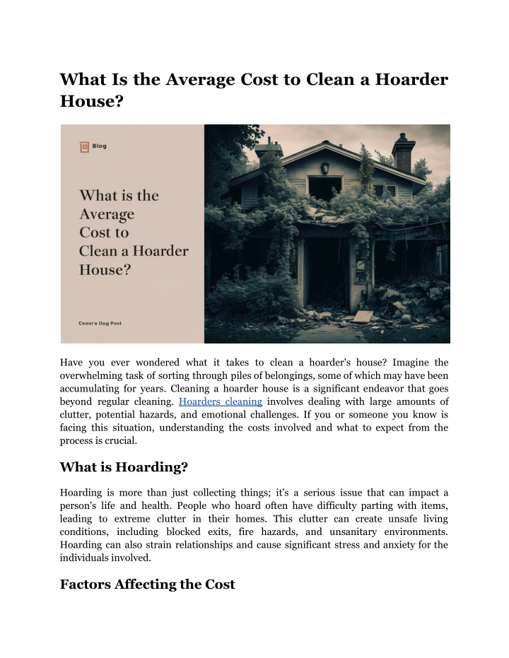 what is the average cost to clean a hoarder house n.w