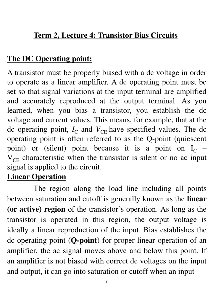 Transistor Bias Circuits for Linear Amplification