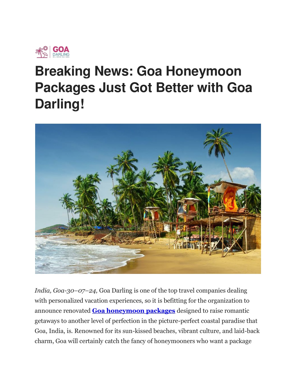 breaking news goa honeymoon packages just l.w