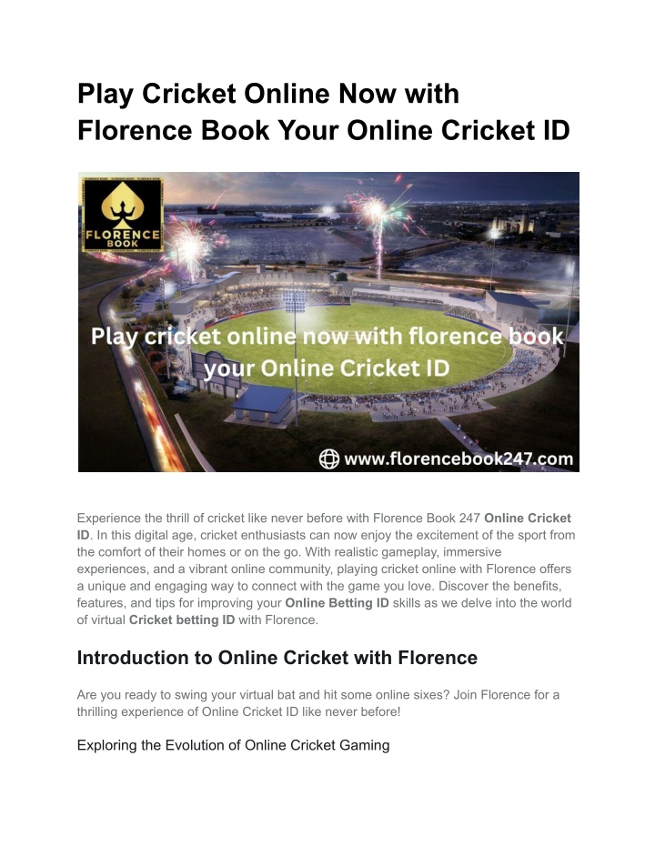 play cricket online now with florence book your n.w