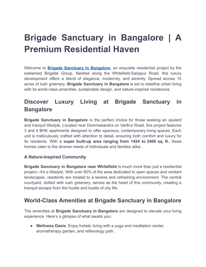 brigade sanctuary in bangalore a premium n.w