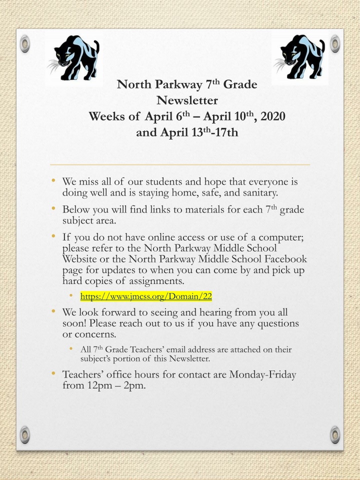 North Parkway 7th Grade Newsletter - Weeks of April 6th to April 10th, 2020 and April 13th to 17th