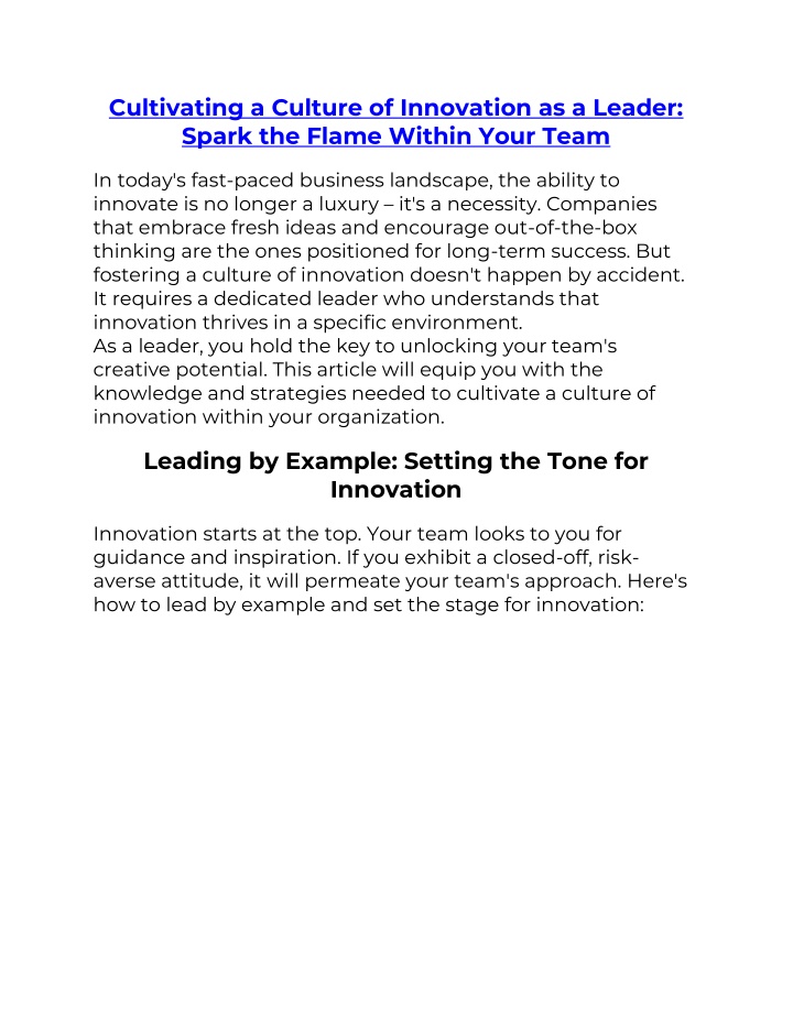 cultivating a culture of innovation as a leader n.w