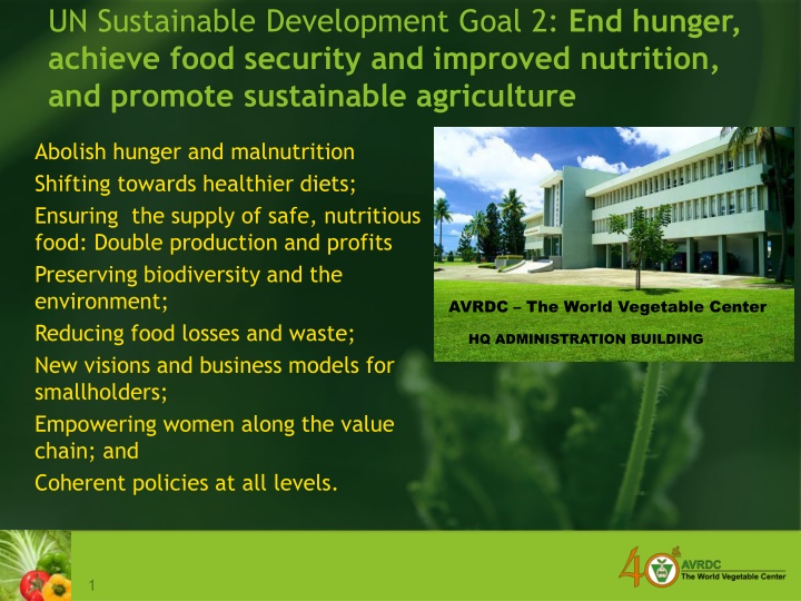 Transforming Agriculture for Sustainable Development: Ending Hunger, Ensuring Food Security, and Promoting Nutrition