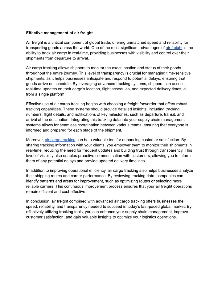effective management of air freight n.w