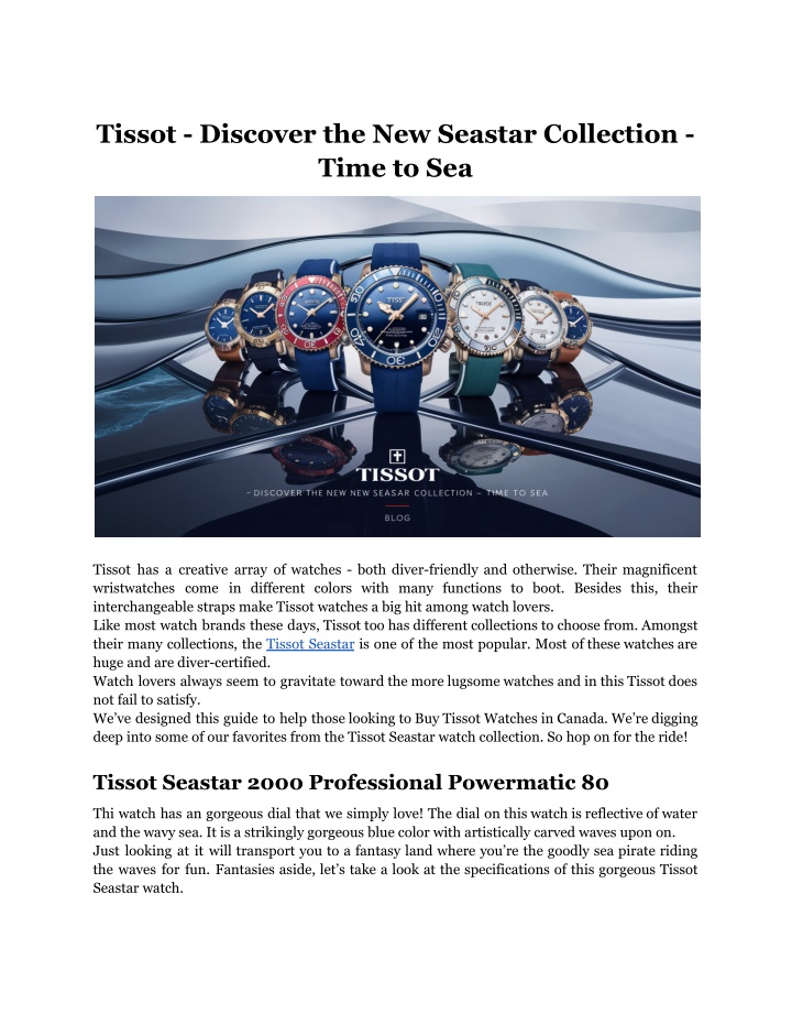 tissot discover the new seastar collection time n.w