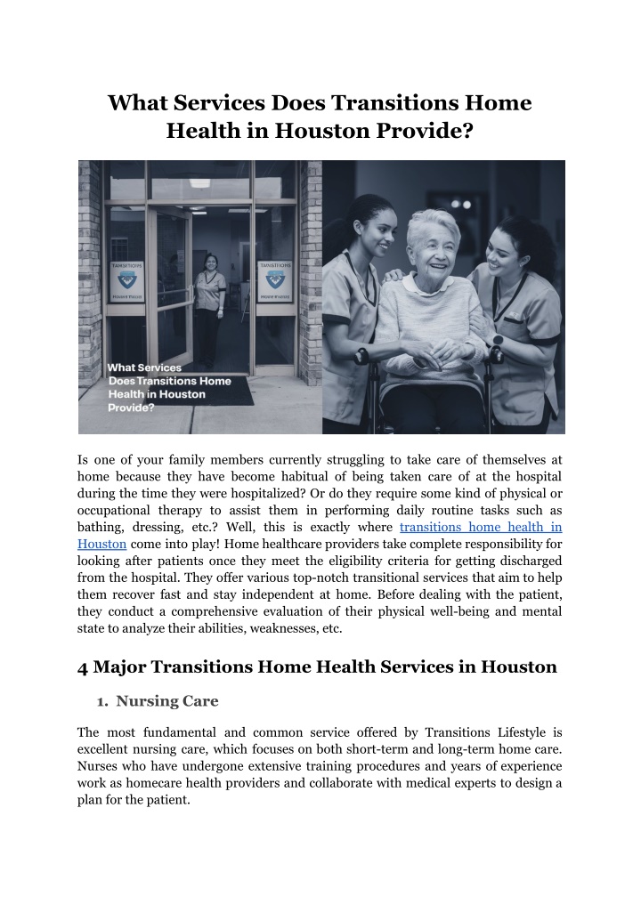 what services does transitions home health n.w