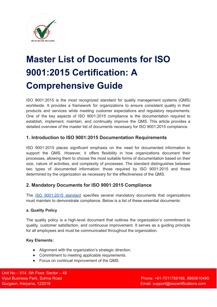 master list of documents for iso 9001 2015 n.w
