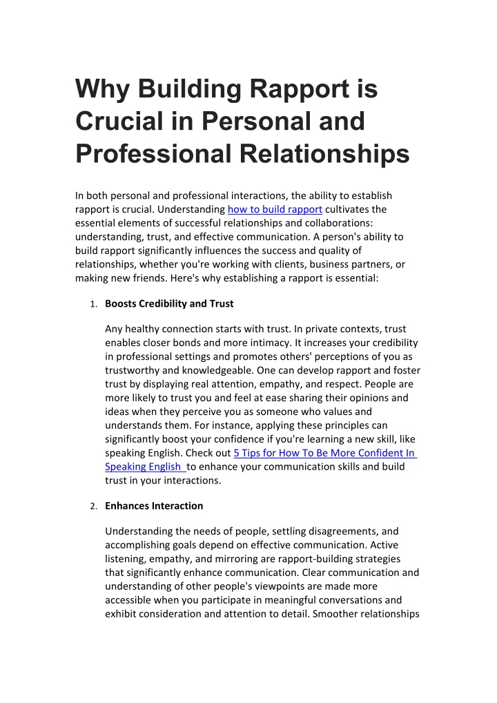why building rapport is crucial in personal n.w