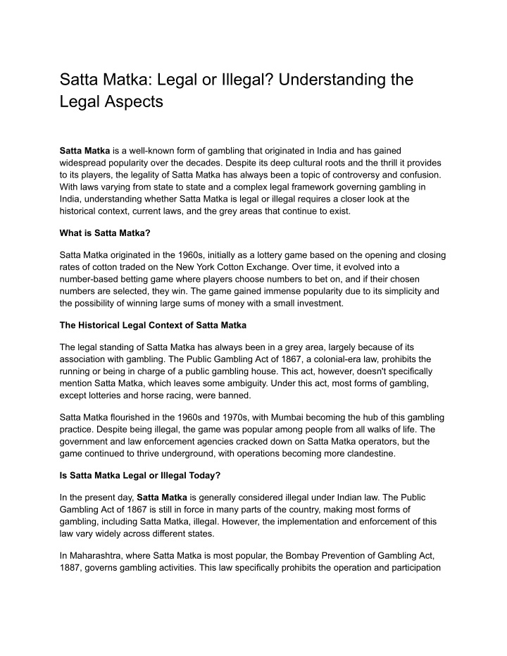 satta matka legal or illegal understanding n.w
