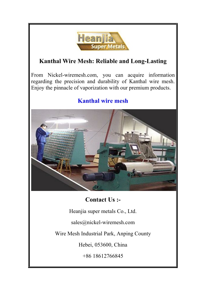 kanthal wire mesh reliable and long lasting n.w