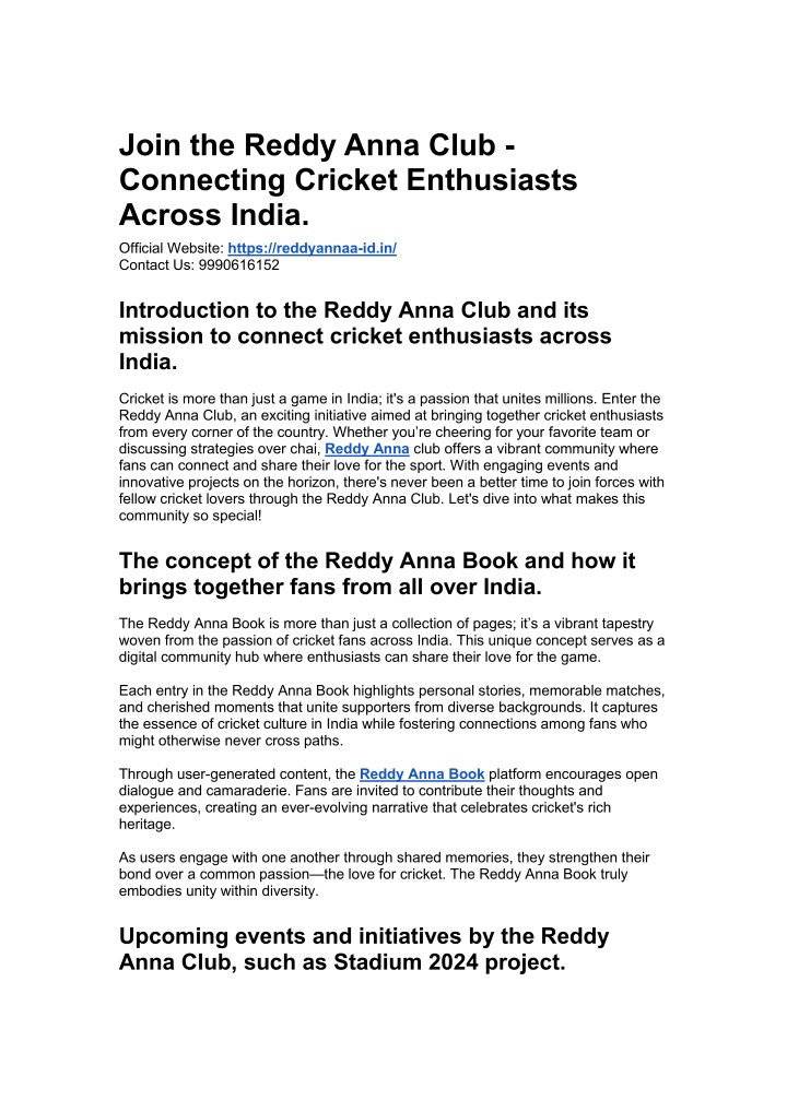 join the reddy anna club connecting cricket n.w