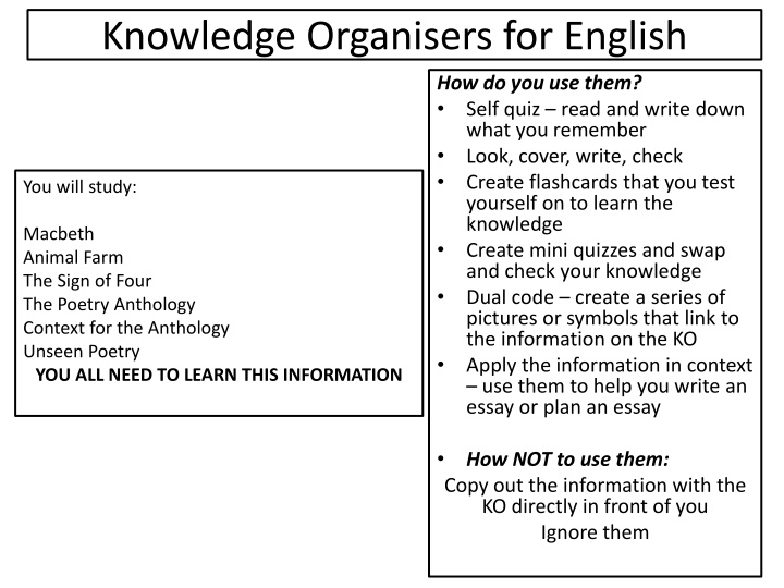 Effective Use of English Knowledge Organisers for Learning