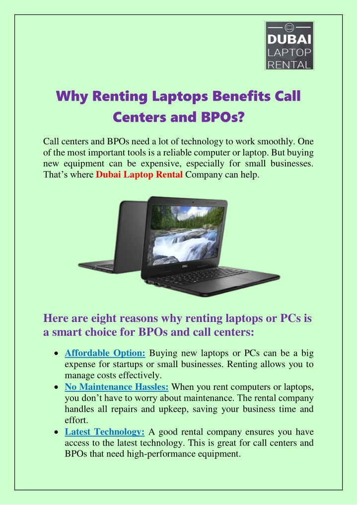 why renting laptops benefits call centers and bpos n.w