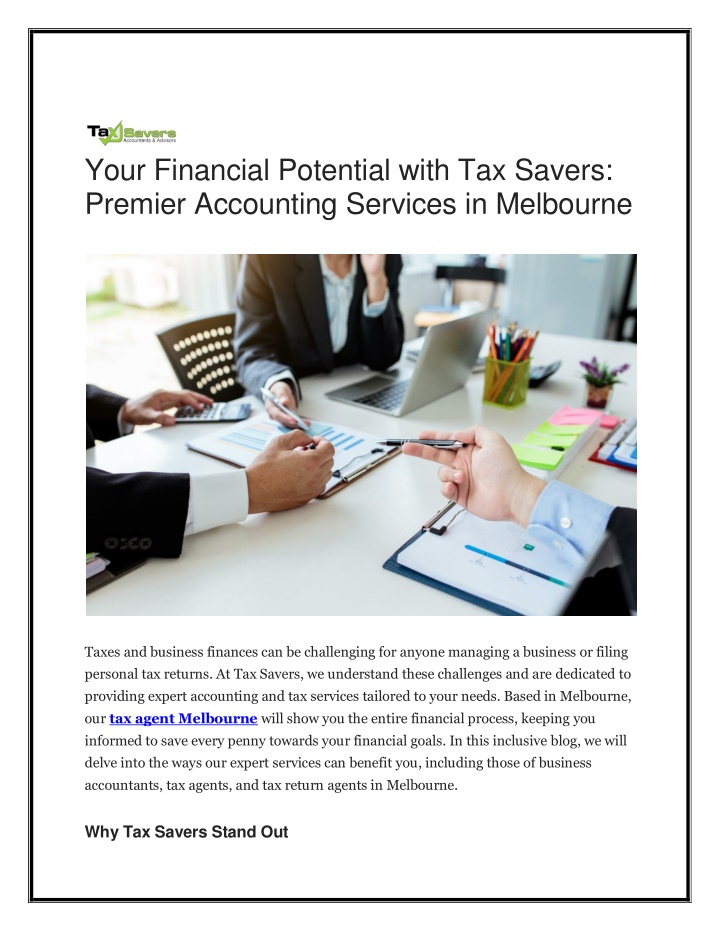 your financial potential with tax savers premier n.w