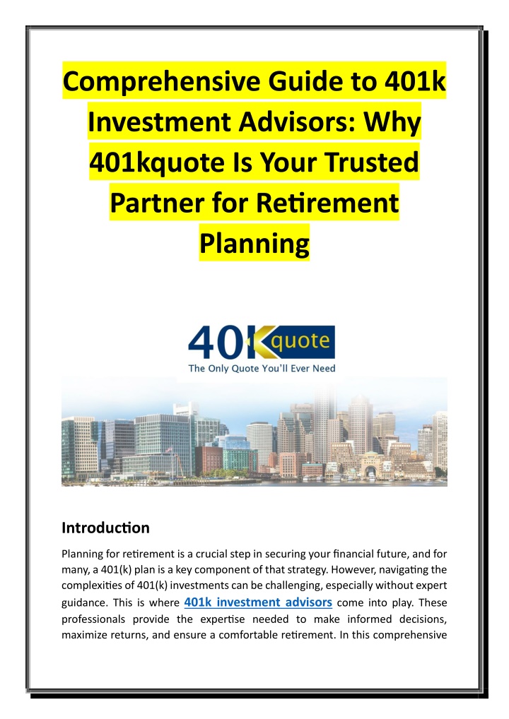 comprehensive guide to 401k investment advisors n.w