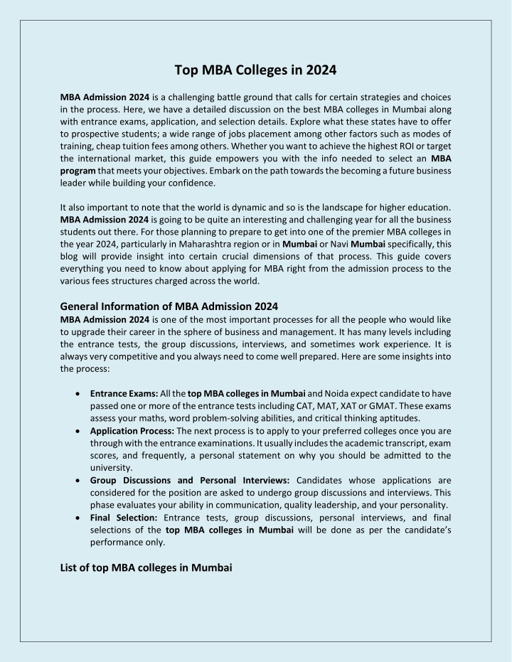 top mba colleges in 2024 n.w