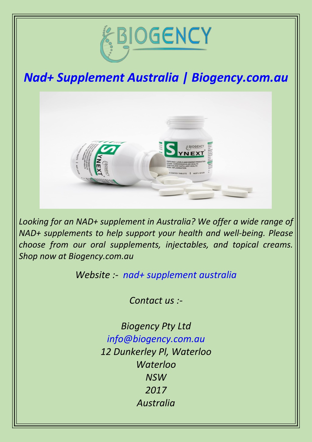 nad supplement australia biogency com au l.w