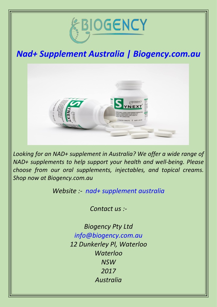 nad supplement australia biogency com au n.w