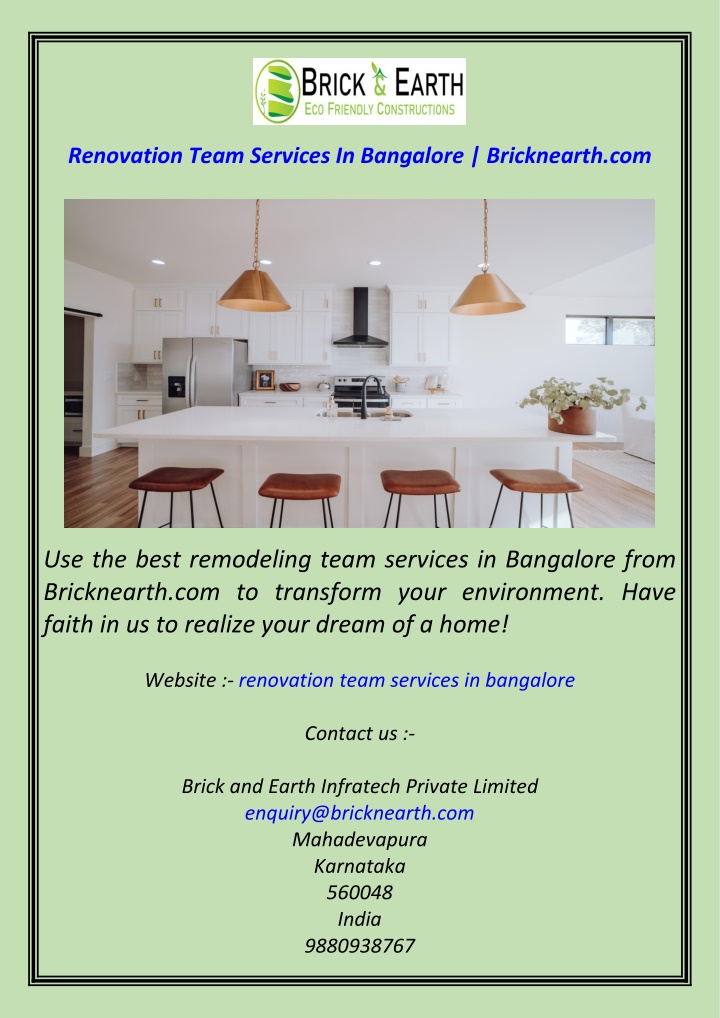 renovation team services in bangalore bricknearth n.w