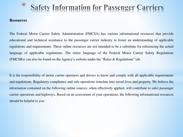 Safety Information and Resources for Passenger Carriers