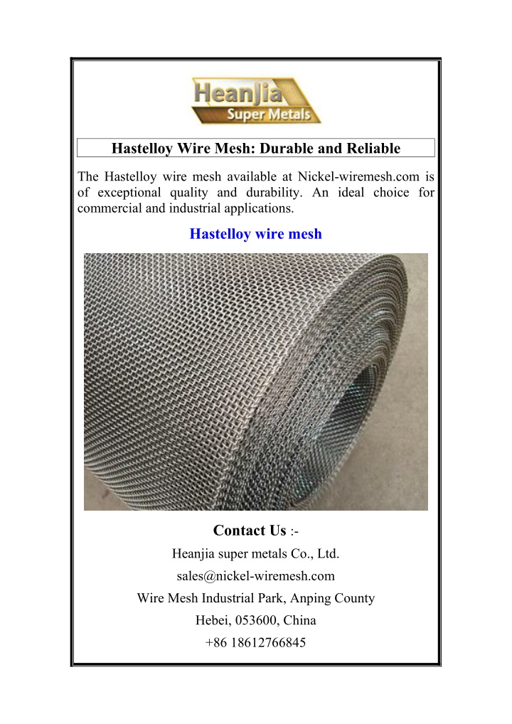 hastelloy wire mesh durable and reliable n.w
