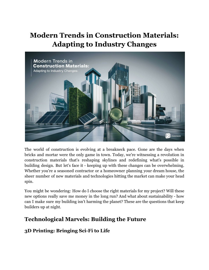 modern trends in construction materials adapting n.w