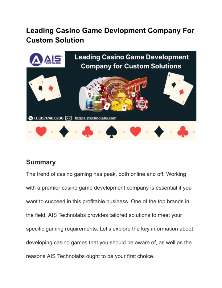 leading casino game devlopment company for custom n.w