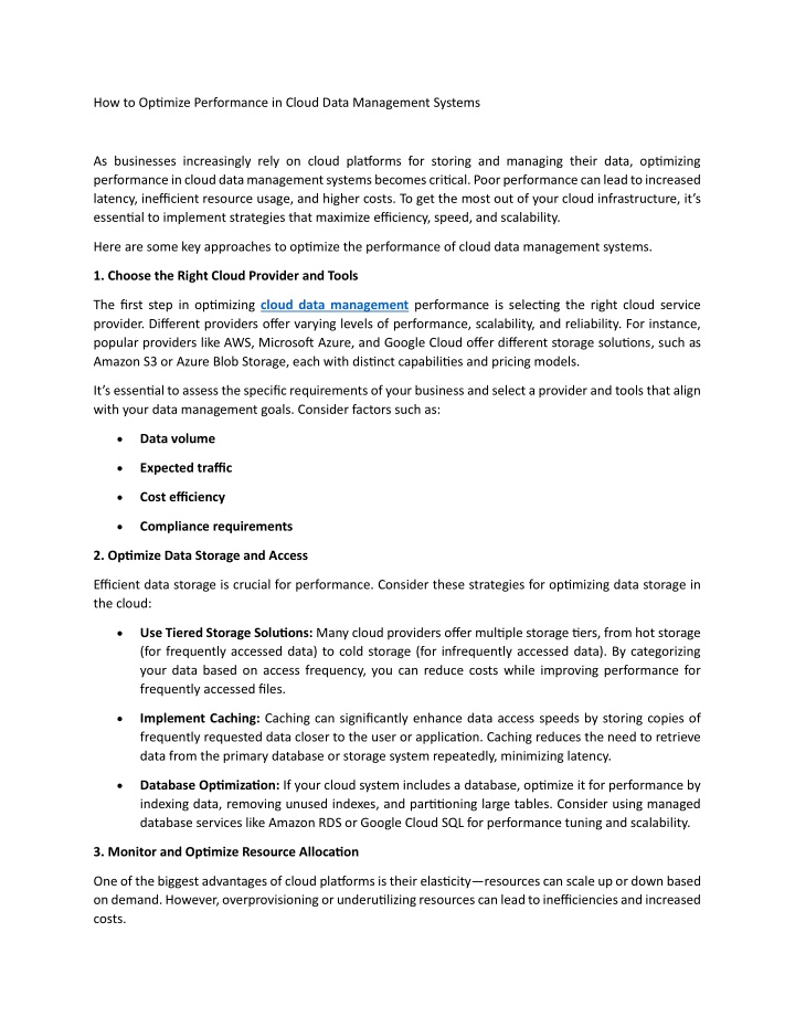 how to optimize performance in cloud data n.w